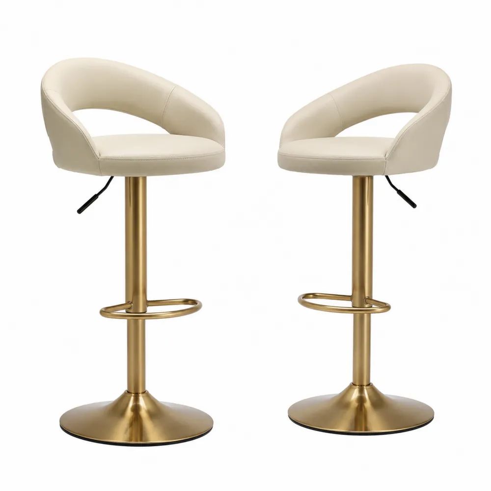Barhocker Set 2 Stück Creme mit Kunstlederbezug und goldfarbenem Metallgestell höhenverstellbar 78 x 48 x 50 cm