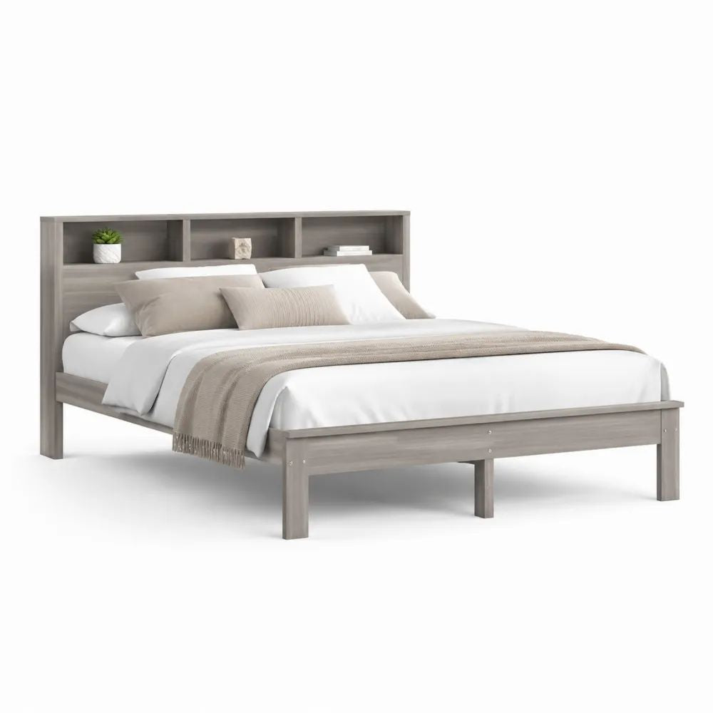 Doppelbett 180 x 200 cm Grau mit Kopfteil und integrierten Ablagefächern aus Holzwerkstoff