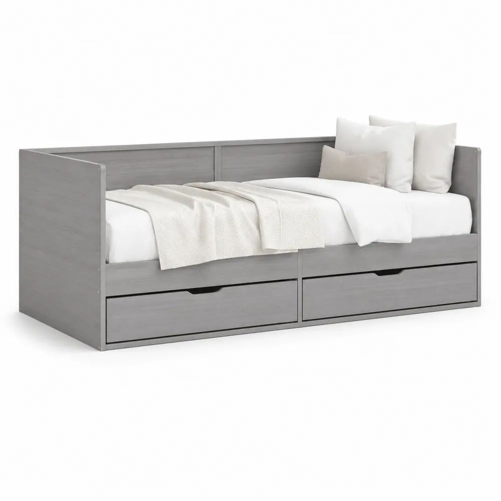 Einzelbett Holzoptik 90 x 200 cm Grau mit Schubladen und Stauraum Bettgestell