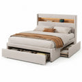 Stauraumbett 160 x 200 cm Beige Polsterbett mit Schubladen, LED-Beleuchtung und gepolstertem Kopfteil