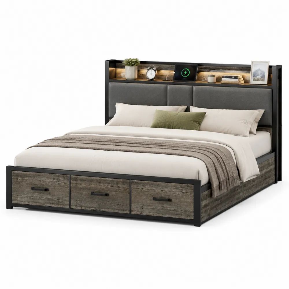 Stauraumbett 180 x 200 cm Schwarz/Grau-Braun mit Schubladen, LED Kopfteil und Ablagefläche
