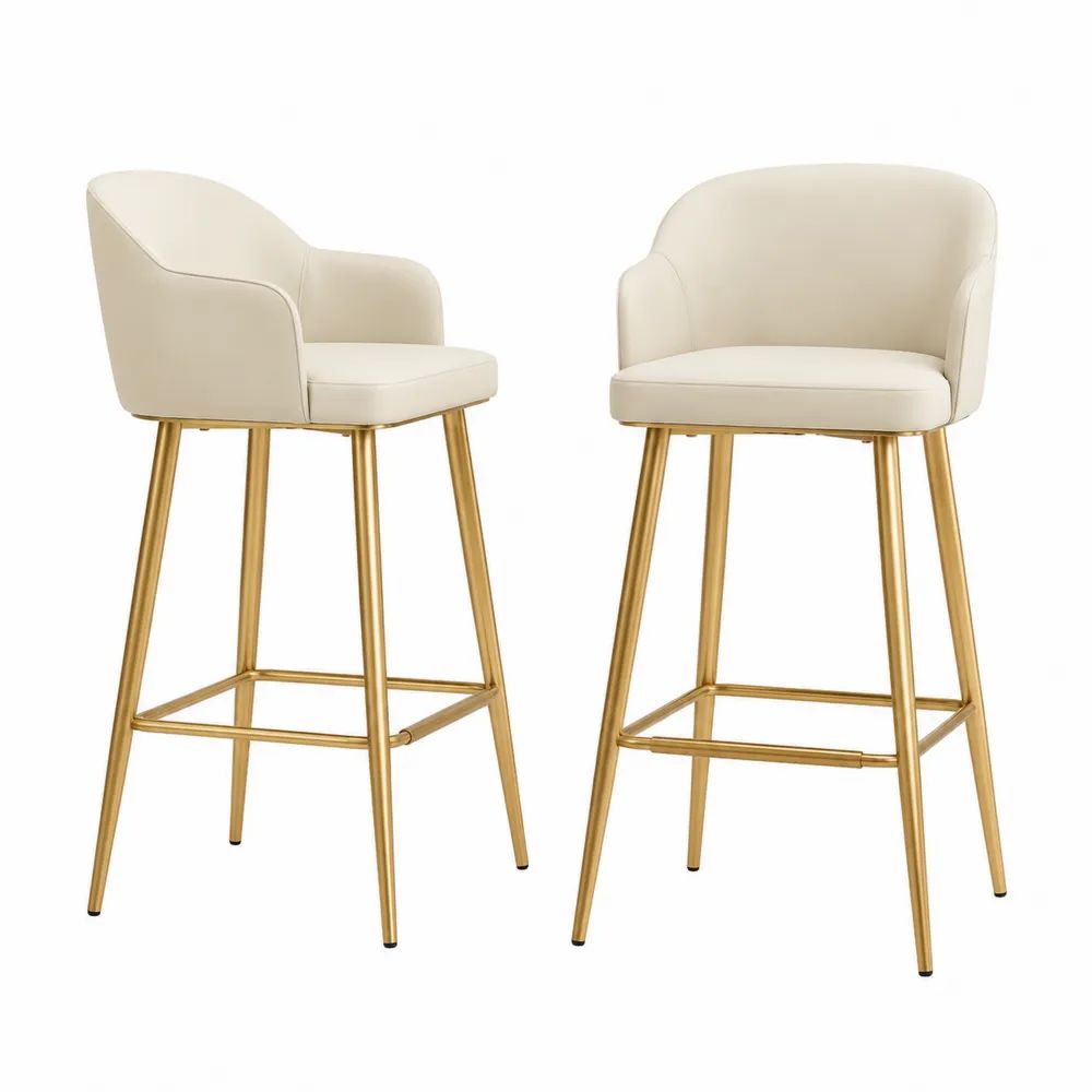 Barhocker 2er Set 48 x 52 x 105 cm Creme mit PU-Kunstleder Bezug, Armlehnen und goldenem Stahlgestell