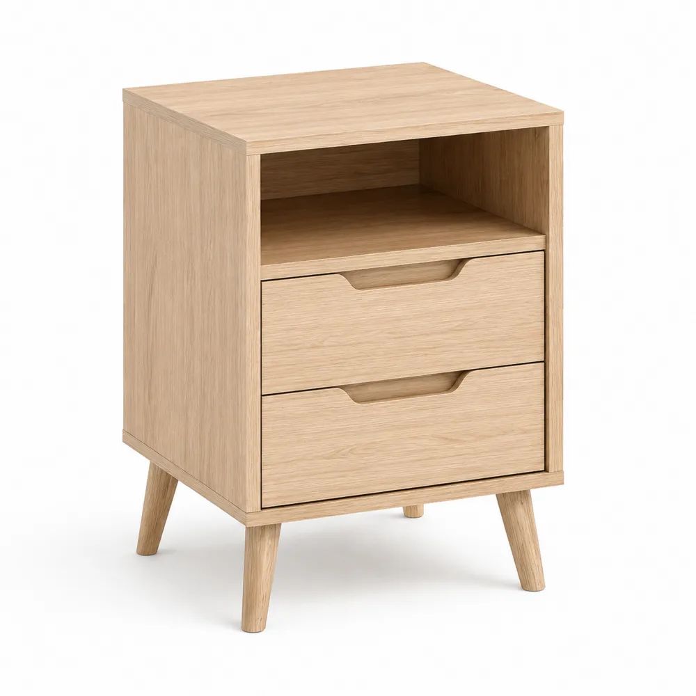 Nachttisch 45x40x60 cm Naturholz mit 2 Schubladen und offenem Ablagefach