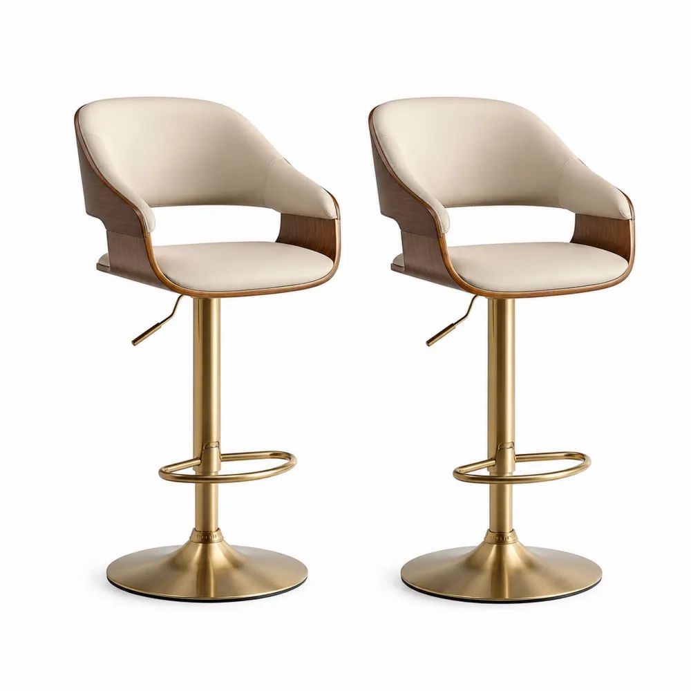 Barhocker Set 2 Stück 50 x 50 x 95-115 cm Creme Weiß/Gold mit höhenverstellbarem Sitz und Metallgestell