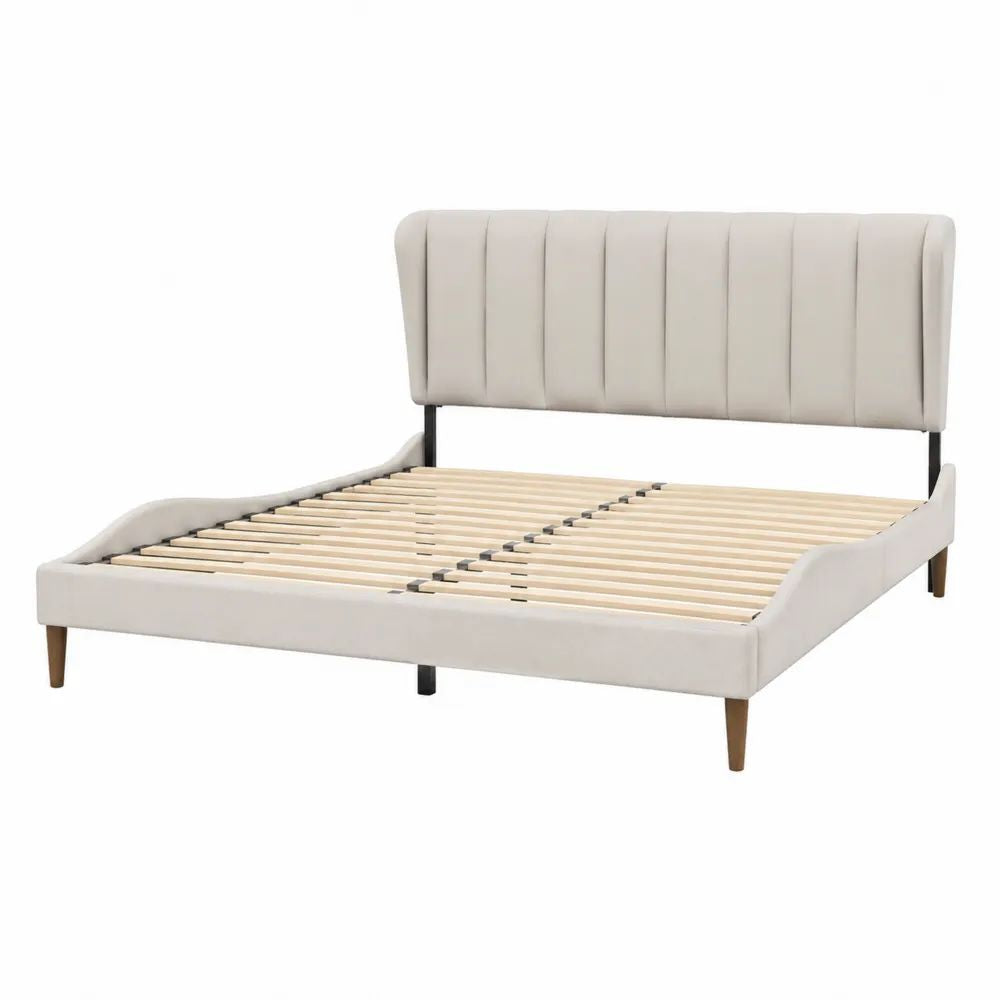Polsterbett 180 x 200 cm Beige mit gepolstertem Kopfteil und Massivholzfüßen