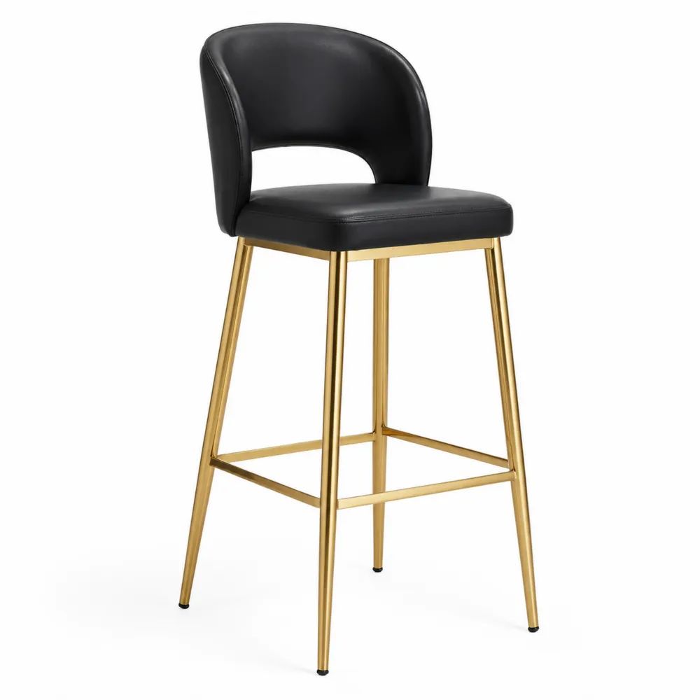 Barhocker 75 cm Schwarz Kunstleder mit Rückenlehne und goldenem Stahlgestell