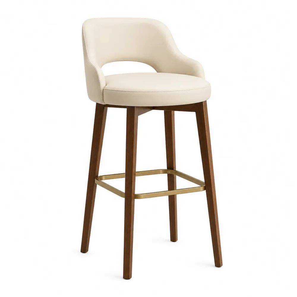 Barhocker Beige mit Kunstlederbezug, Holzbeinen und goldfarbener Fußstütze 50 x 55 x 105 cm