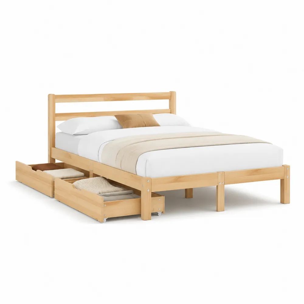 Stauraumbett 160 x 200 cm Natur Holzbett mit Schubladen und Kopfteil