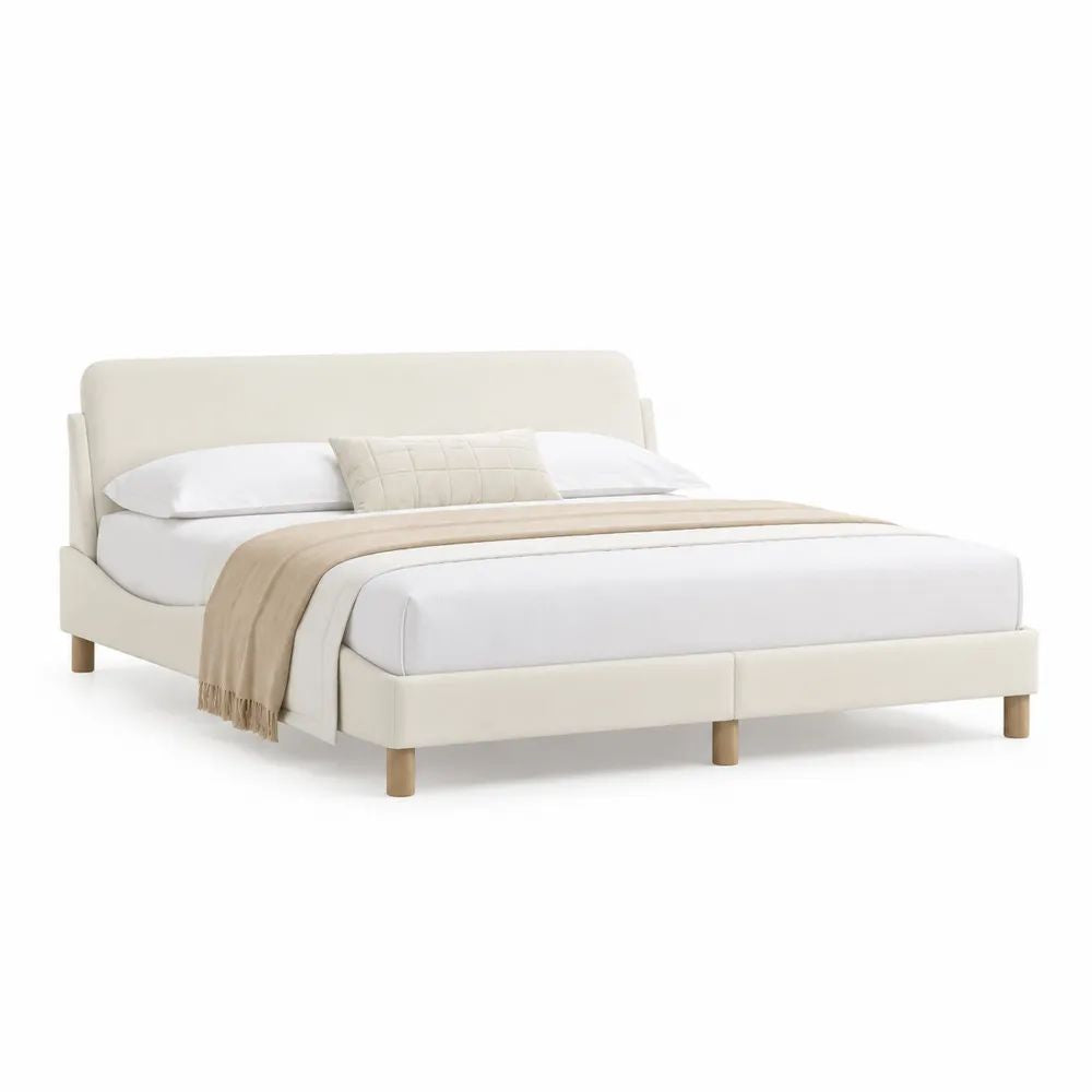 Polsterbett 180 x 200 cm Beige mit gepolstertem Kopfteil, Lattenrost und Massivholzfüßen