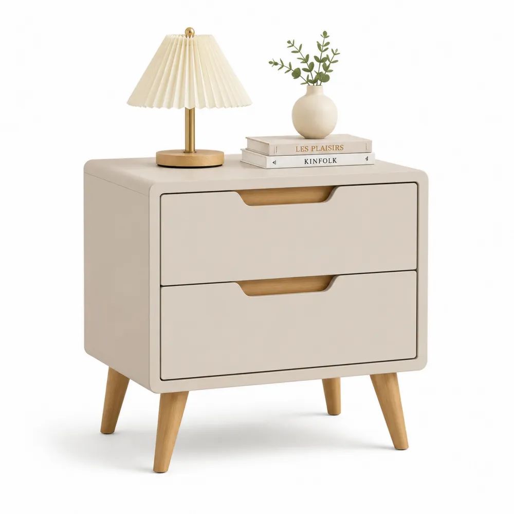 Nachttisch 60x40x55 cm Beige mit 2 Schubladen, Holzfüßen und MDF Oberfläche