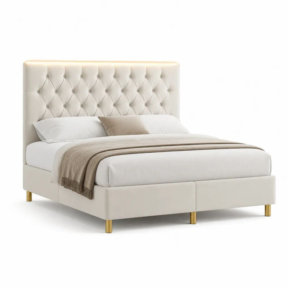 Polsterbett 180 x 200 cm Creme mit Chesterfield Kopfteil und gepolstertem Bettgestell