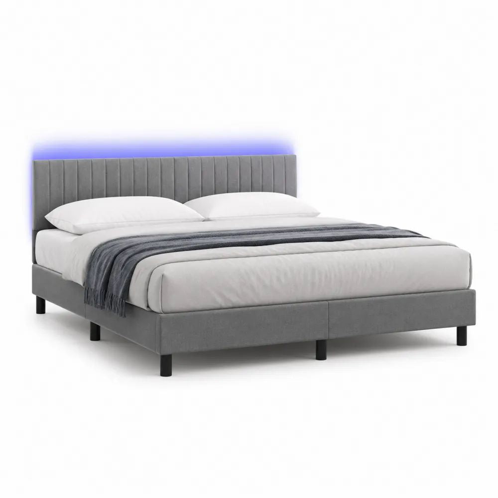Polsterbett 160 x 200 cm Grau Stoffbett mit LED-Beleuchtung und gepolstertem Kopfteil