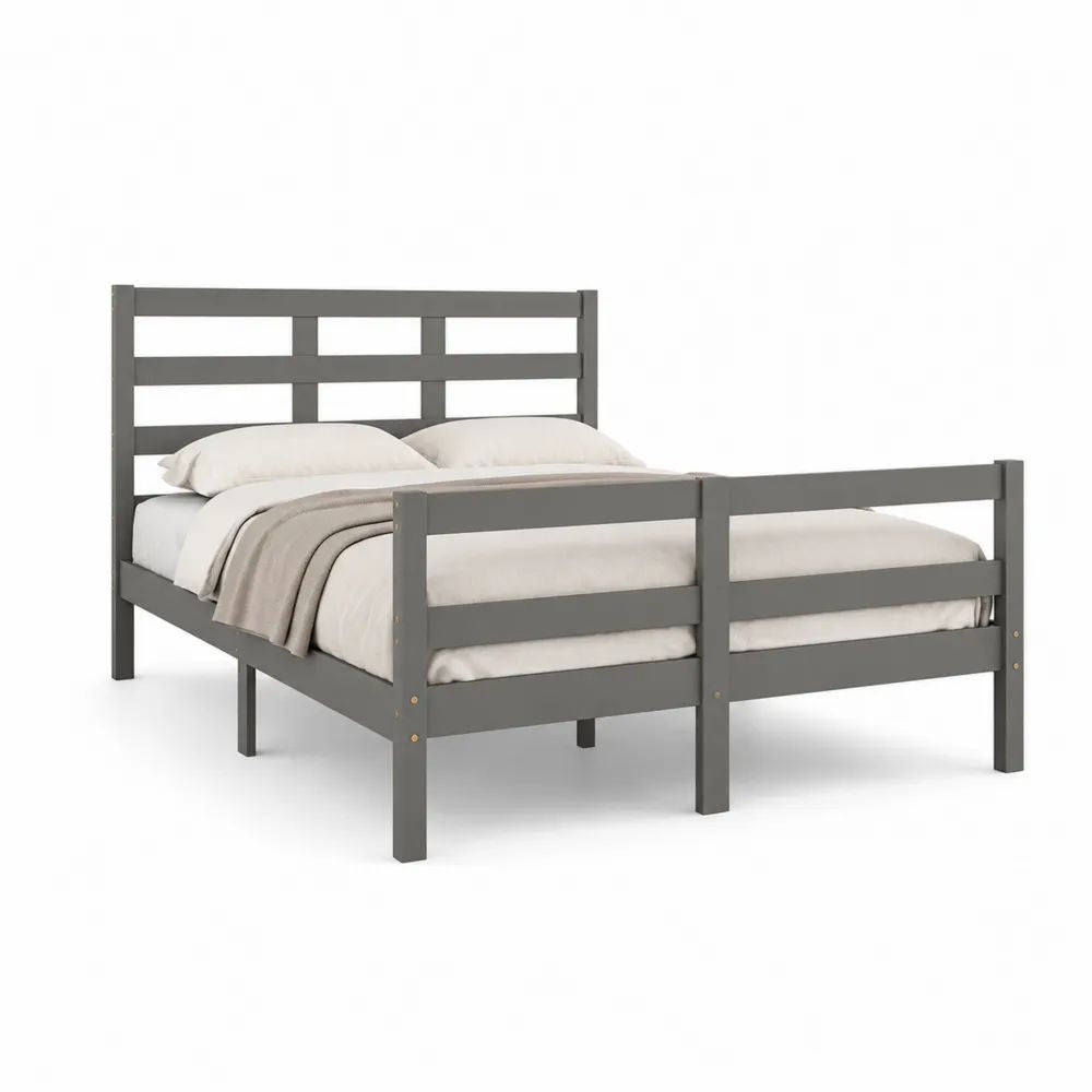 Massivholzbett 180x200 cm Grau Doppelbett mit Kopfteil und Lattenrost
