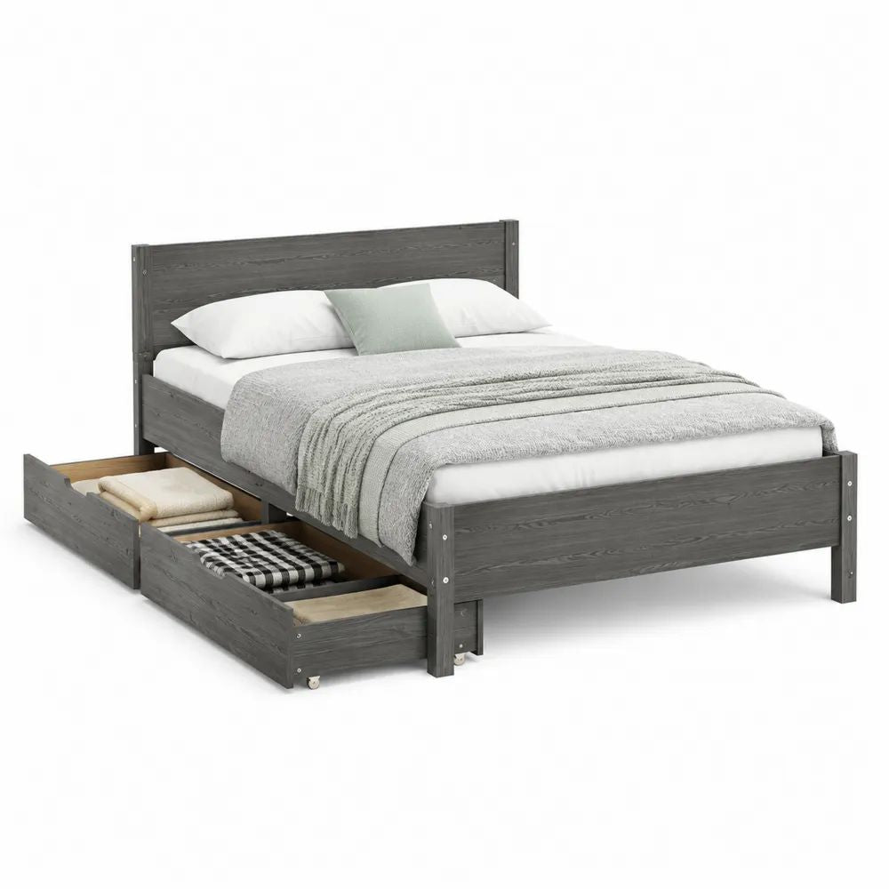 Stauraumbett 160 x 200 cm Grau Holzbett mit Schubladen Bettkasten und Kopfteil