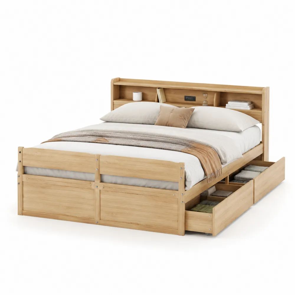 Stauraumbett 180 x 200 cm Beige Doppelbett mit Schubladen und Kopfteilablage in Holzoptik