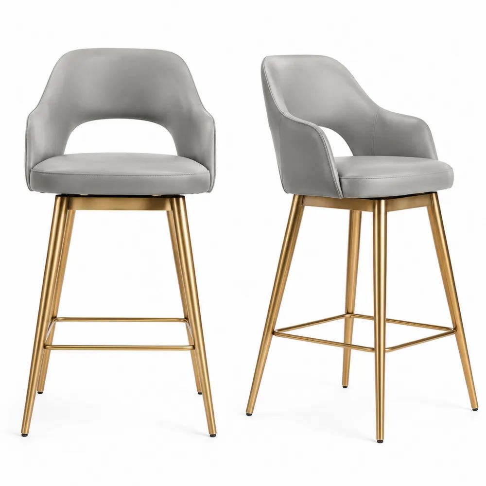 Barhocker Set 2 Stück 75 cm Grau Kunstleder mit Rückenlehne und goldenem Stahlgestell