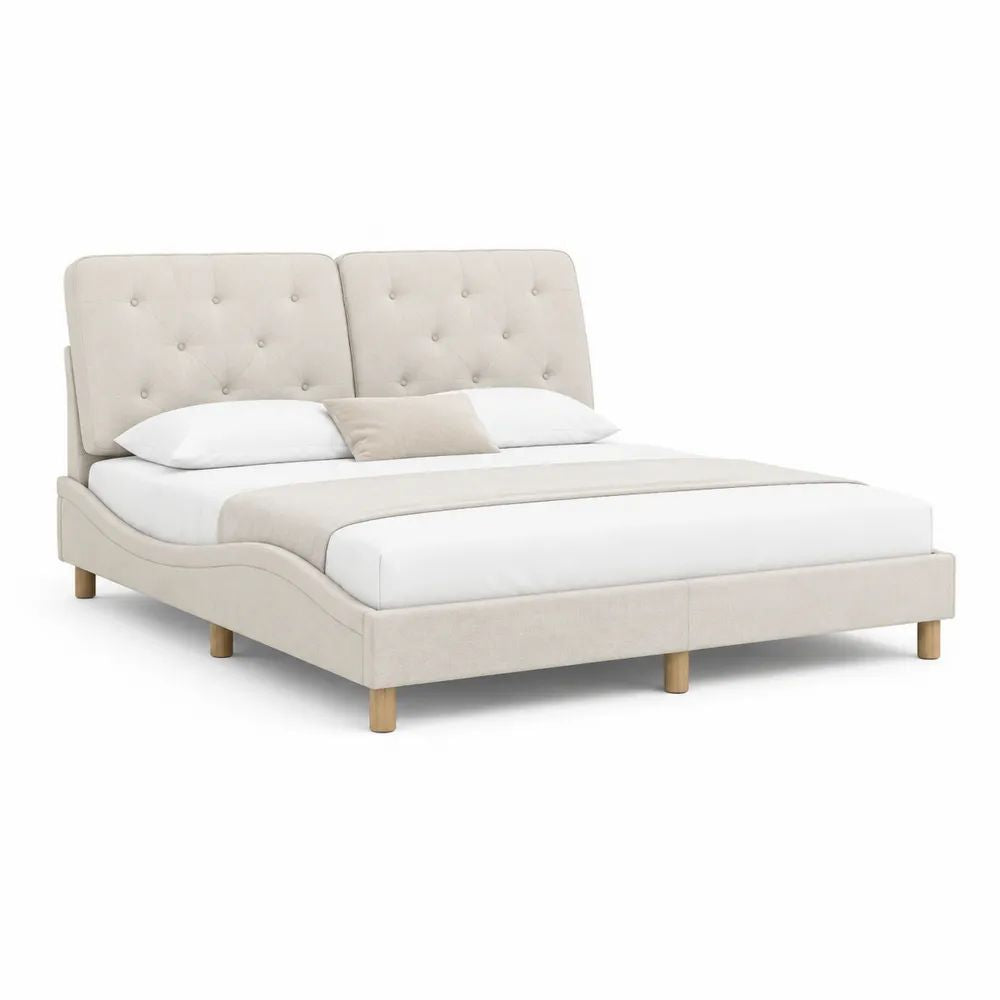 Polsterbett 160 x 200 cm Beige Stoffbett mit geteiltem Kopfteil und Holzfüßen