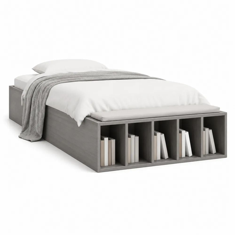 Bett mit Stauraum 140x200 cm MDF Bettgestell Grau mit integriertem Bücherregal im Fußteil