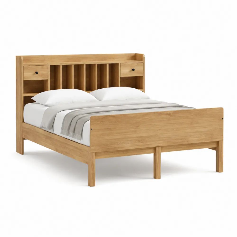 Doppelbett 180x200 cm Naturholz mit Kopfteil Ablagefächern und Massivholzoptik