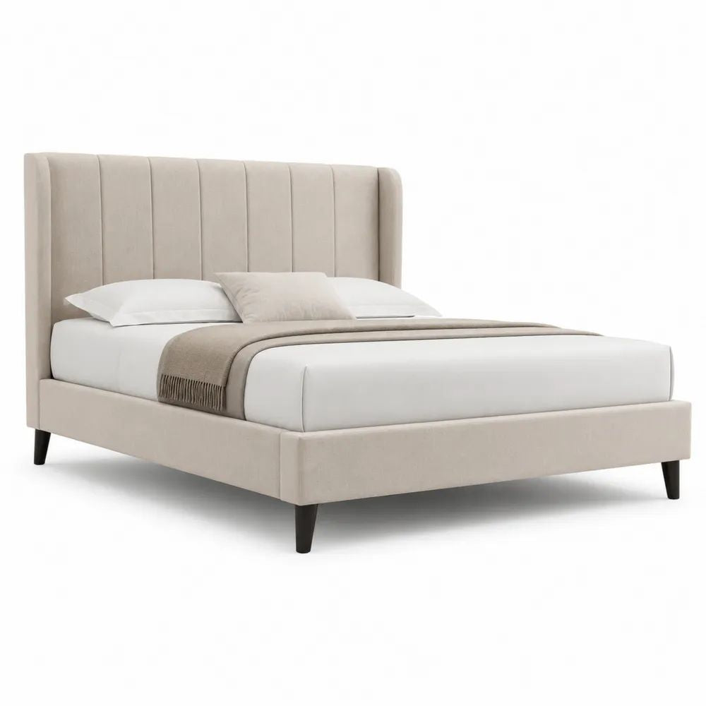 Polsterbett 180x200 cm Beige mit gepolstertem Kopfteil und schwarzen Füßen Bettgestell