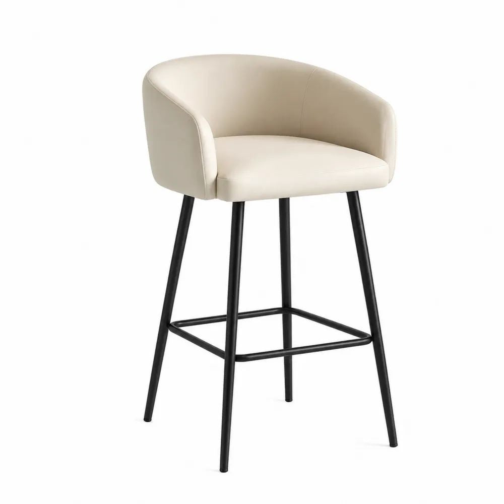 Barhocker 75 cm Beige Kunstleder mit Rückenlehne und schwarzem Stahlgestell