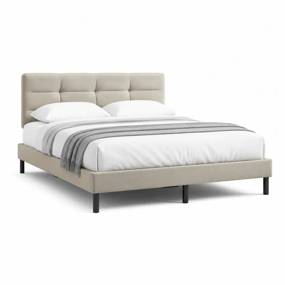 Polsterbett 180 x 200 cm Beige mit gepolstertem Kopfteil und schwarzem Metallgestell