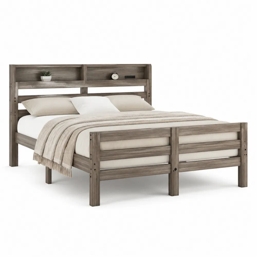 Bett 160 x 200 cm Grau mit Kopfteil und integriertem Ablagefach MDF Bettgestell