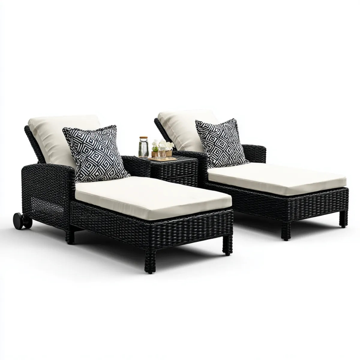 2er Set Gartenliegen mit Beistelltisch Schwarz Creme PE-Rattan Stahl rechteckig 200 x 75 x 85 cm