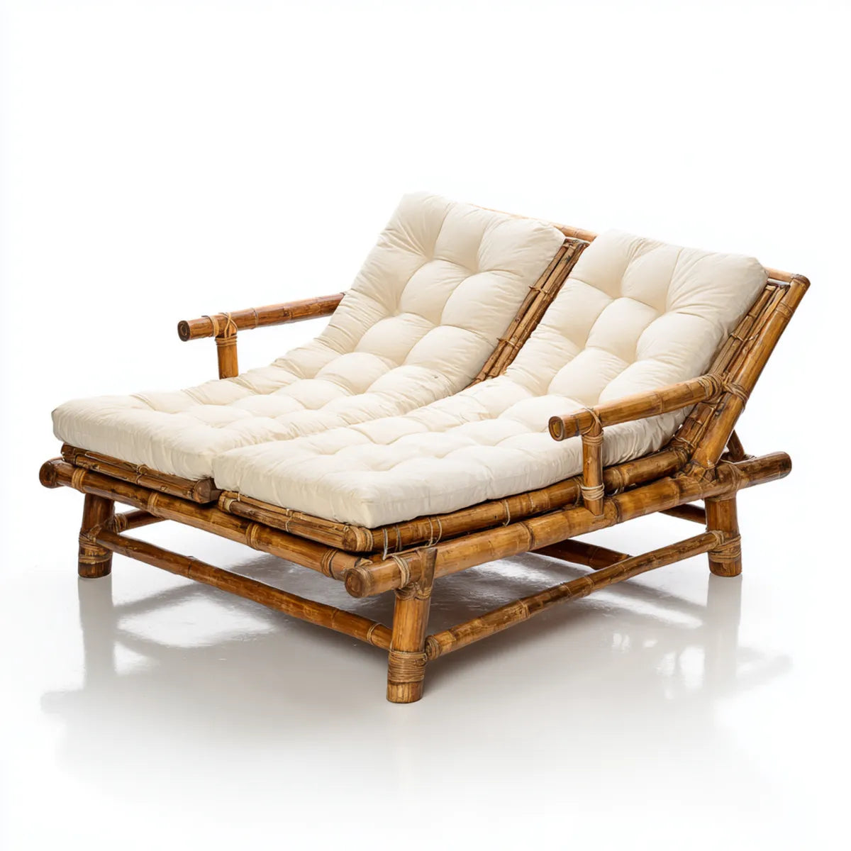 Doppel-Sonnenliege Naturweiß aus Bambus mit Baumwollpolstern 152 x 98 x 82 cm