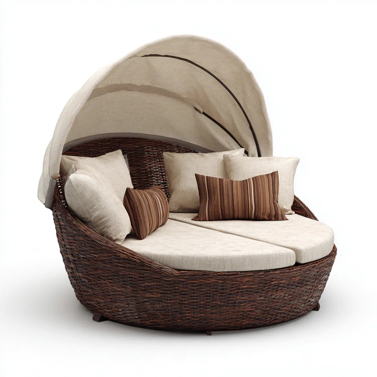 Rundes Garten-Tagesbett für 2 Personen Braun Beige mit Sonnendach Polyrattan und Polyester 180 x 180 x 170 cm